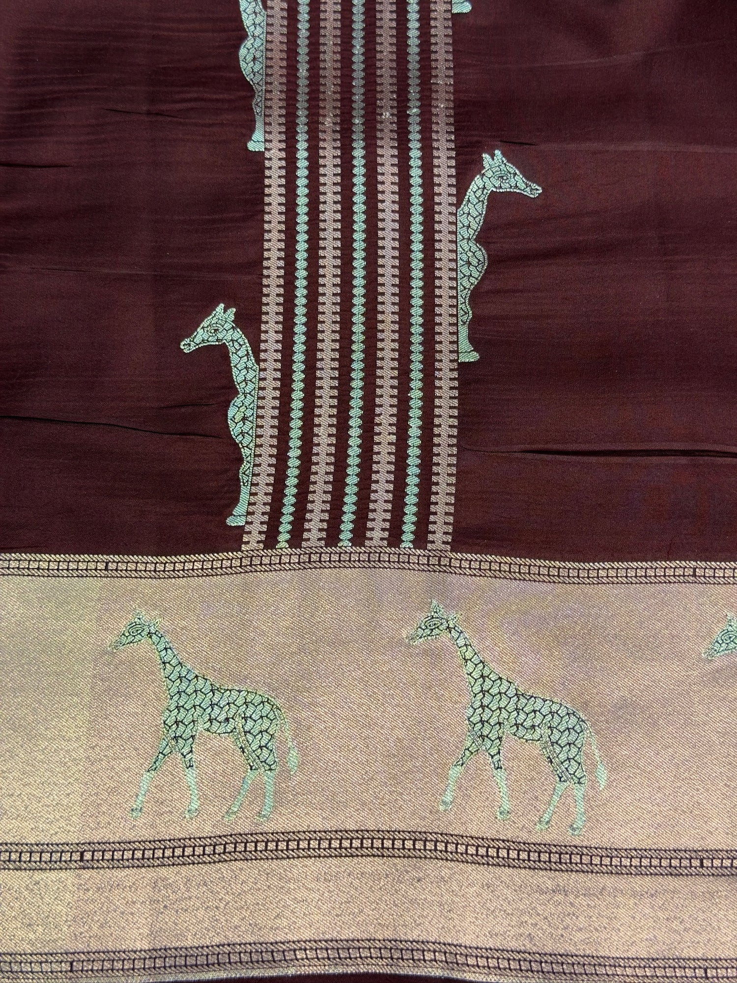 VIRASAT 365: Deep Coffee Pure Katan Silk Saree with Gold &amp; Copper Zari Animal Stripe Design