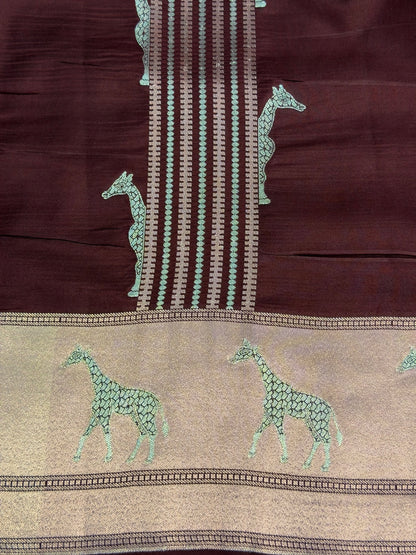 VIRASAT 365: Deep Coffee Pure Katan Silk Saree with Gold &amp; Copper Zari Animal Stripe Design