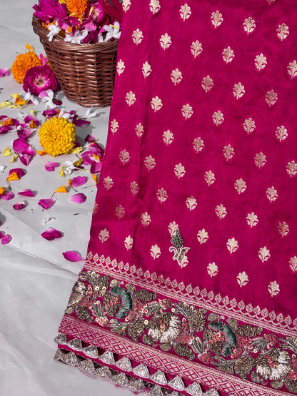 VIRASAT 388: Royal Pink Pashmina Silk Saree with Meenakari Parsi Work &amp; Zardozi Handwork
