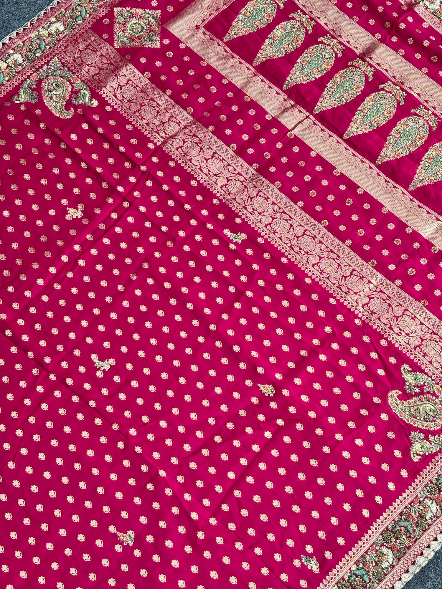 VIRASAT 388: Royal Pink Pashmina Silk Saree with Meenakari Parsi Work &amp; Zardozi Handwork