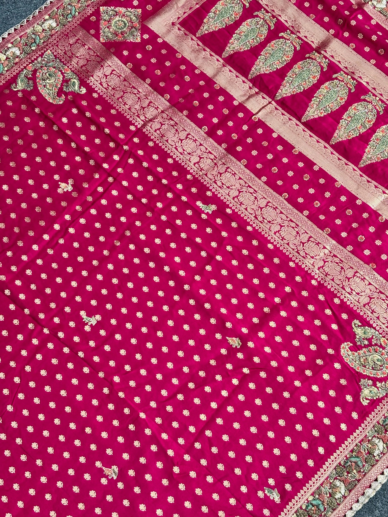 VIRASAT 388: Royal Pink Pashmina Silk Saree with Meenakari Parsi Work &amp; Zardozi Handwork