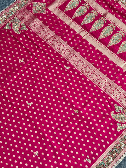 VIRASAT 388: Royal Pink Pashmina Silk Saree with Meenakari Parsi Work &amp; Zardozi Handwork