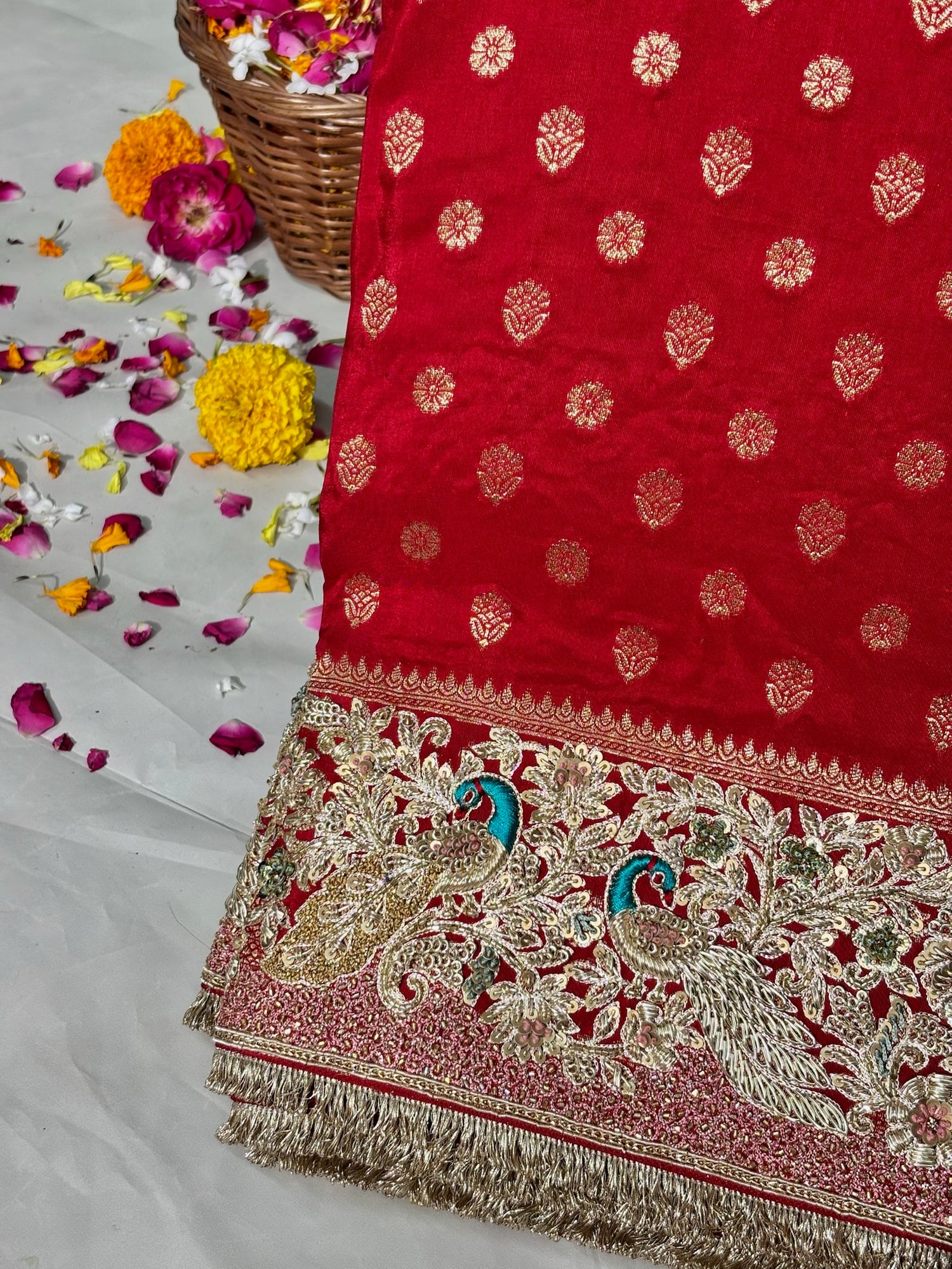 VIRASAT 389: Royal Red Pashmina Silk Saree with Meenakari Parsi Work &amp; Zardozi Handwork