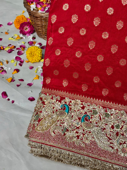VIRASAT 389: Royal Red Pashmina Silk Saree with Meenakari Parsi Work &amp; Zardozi Handwork
