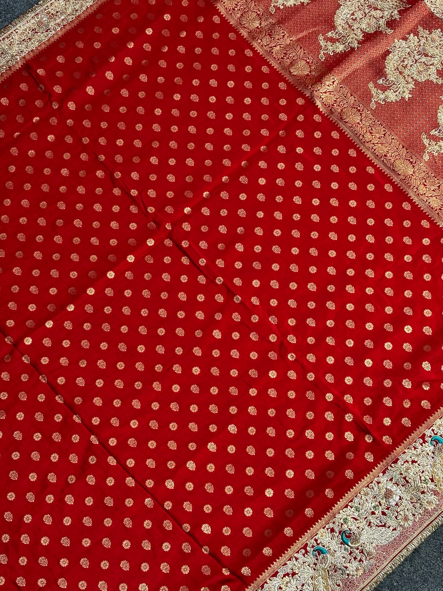 VIRASAT 389: Royal Red Pashmina Silk Saree with Meenakari Parsi Work &amp; Zardozi Handwork