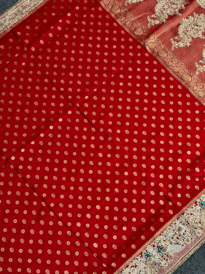 VIRASAT 389: Royal Red Pashmina Silk Saree with Meenakari Parsi Work &amp; Zardozi Handwork