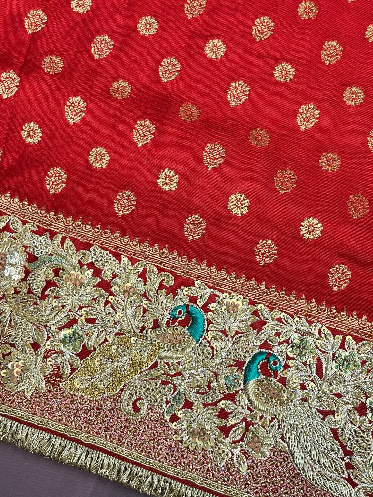VIRASAT 389: Royal Red Pashmina Silk Saree with Meenakari Parsi Work &amp; Zardozi Handwork