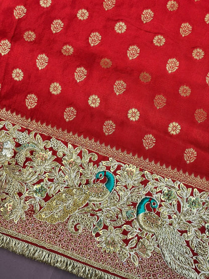 VIRASAT 389: Royal Red Pashmina Silk Saree with Meenakari Parsi Work &amp; Zardozi Handwork