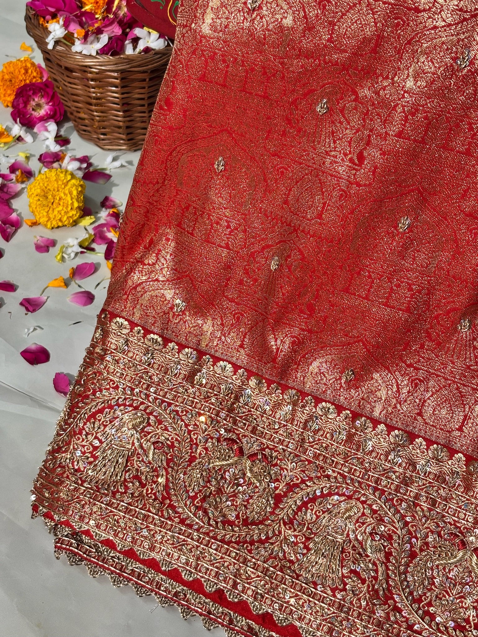 VIRASAT 379: Dulhan Red Brocade Silk Saree with Hand Zardozi Border Work