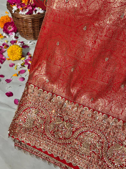 VIRASAT 379: Dulhan Red Brocade Silk Saree with Hand Zardozi Border Work