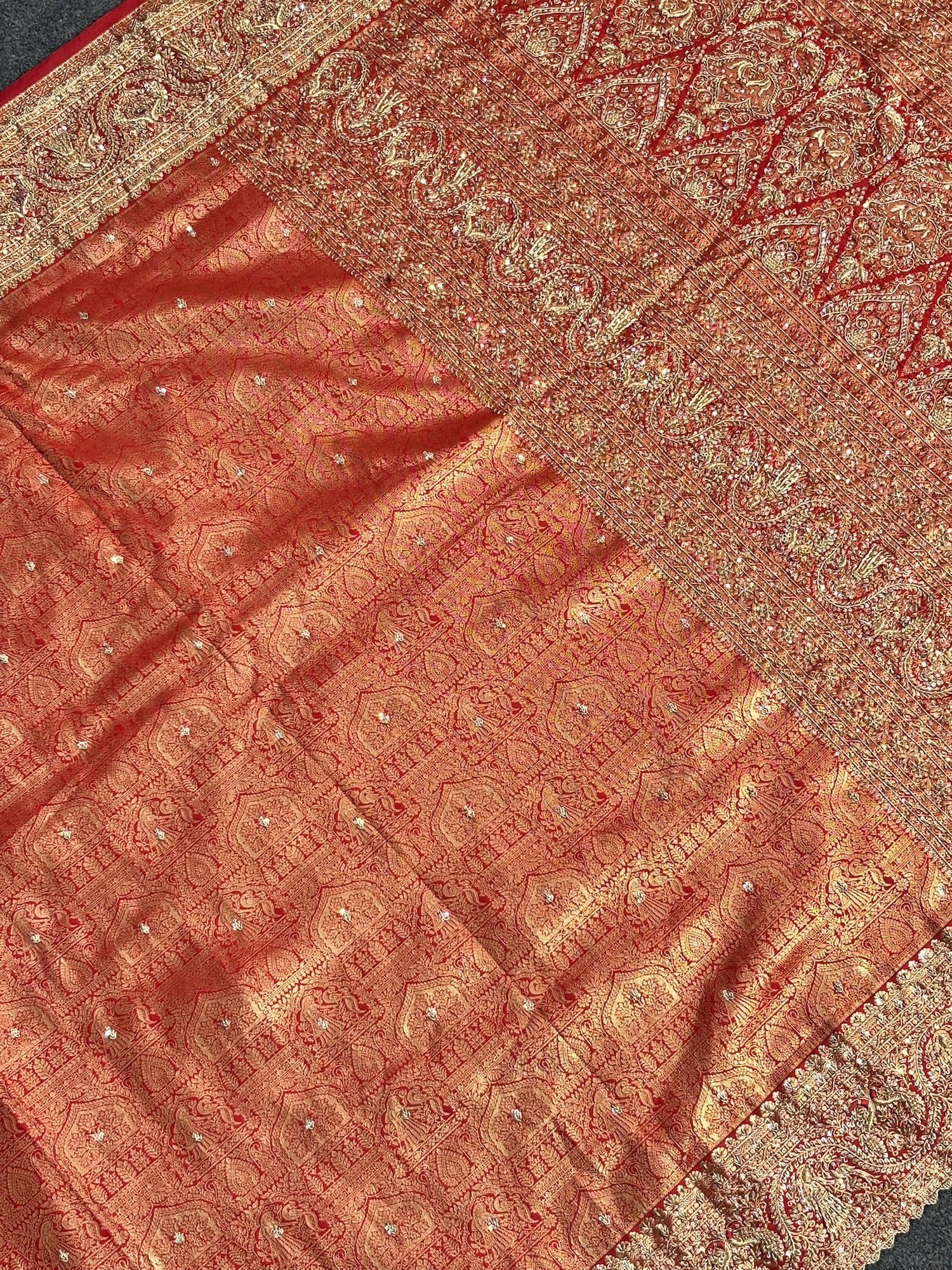 VIRASAT 379: Dulhan Red Brocade Silk Saree with Hand Zardozi Border Work