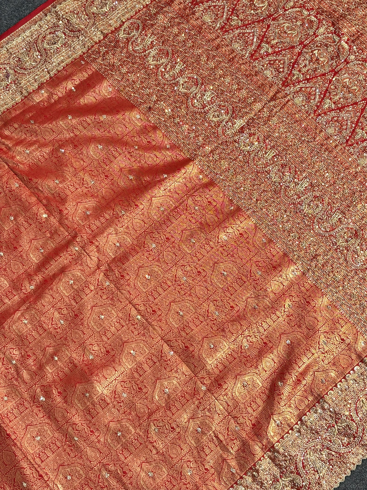 VIRASAT 379: Dulhan Red Brocade Silk Saree with Hand Zardozi Border Work