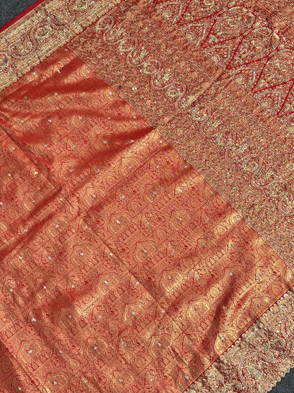 VIRASAT 379: Dulhan Red Brocade Silk Saree with Hand Zardozi Border Work