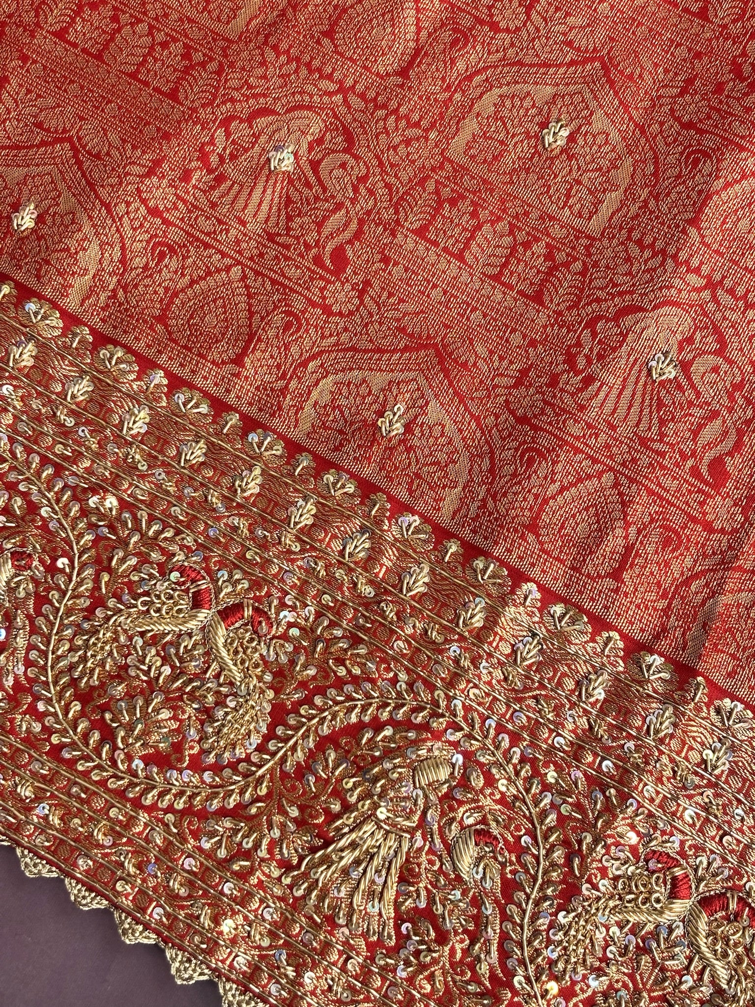 VIRASAT 379: Dulhan Red Brocade Silk Saree with Hand Zardozi Border Work
