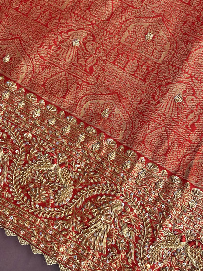 VIRASAT 379: Dulhan Red Brocade Silk Saree with Hand Zardozi Border Work