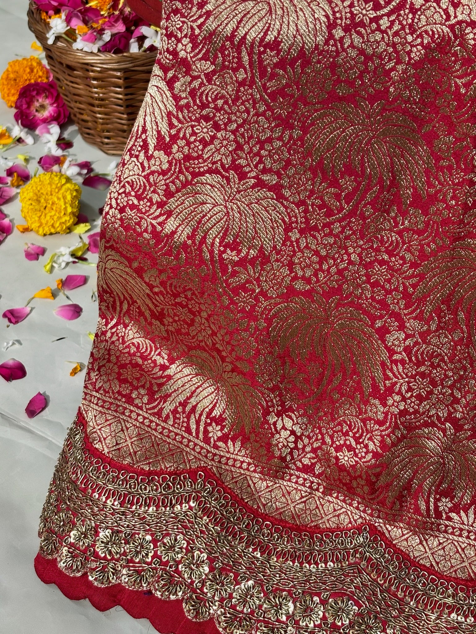 VIRASAT 385: Sunahara Laal Brocade Silk Saree with Gold Zari Jaal &amp; Hand Zardozi Scallop Work