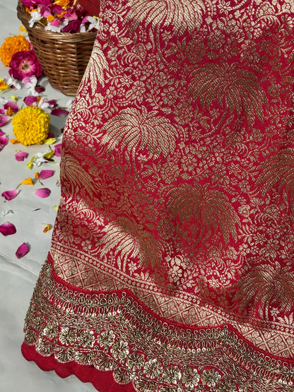 VIRASAT 385: Sunahara Laal Brocade Silk Saree with Gold Zari Jaal &amp; Hand Zardozi Scallop Work