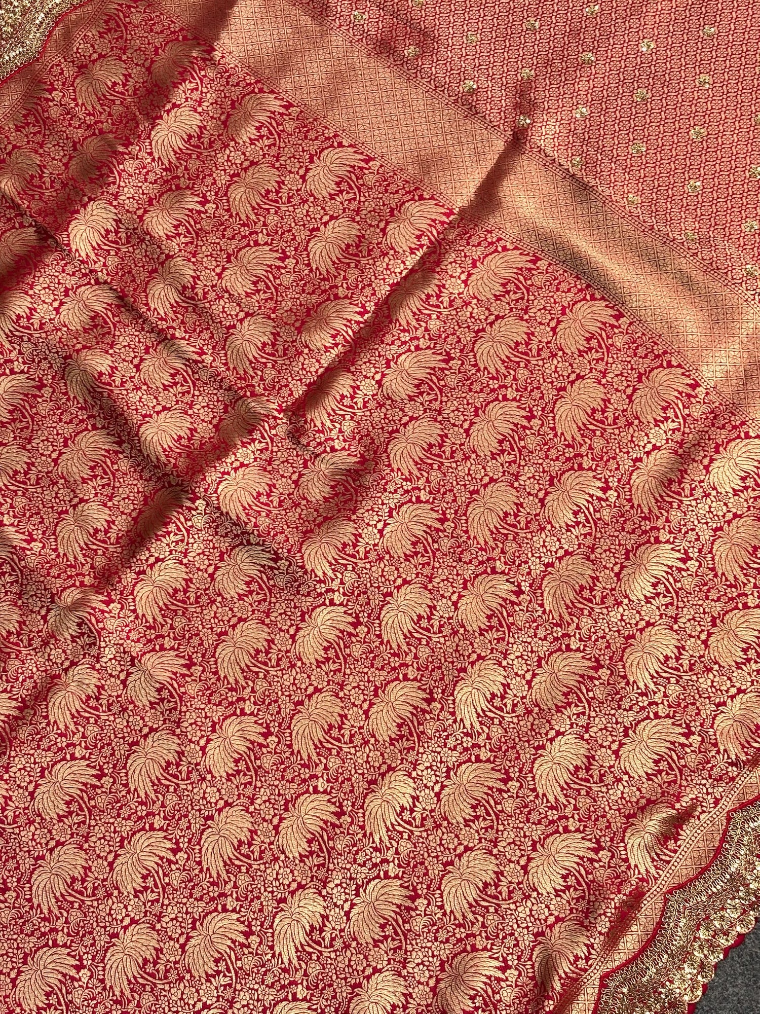 VIRASAT 385: Sunahara Laal Brocade Silk Saree with Gold Zari Jaal &amp; Hand Zardozi Scallop Work