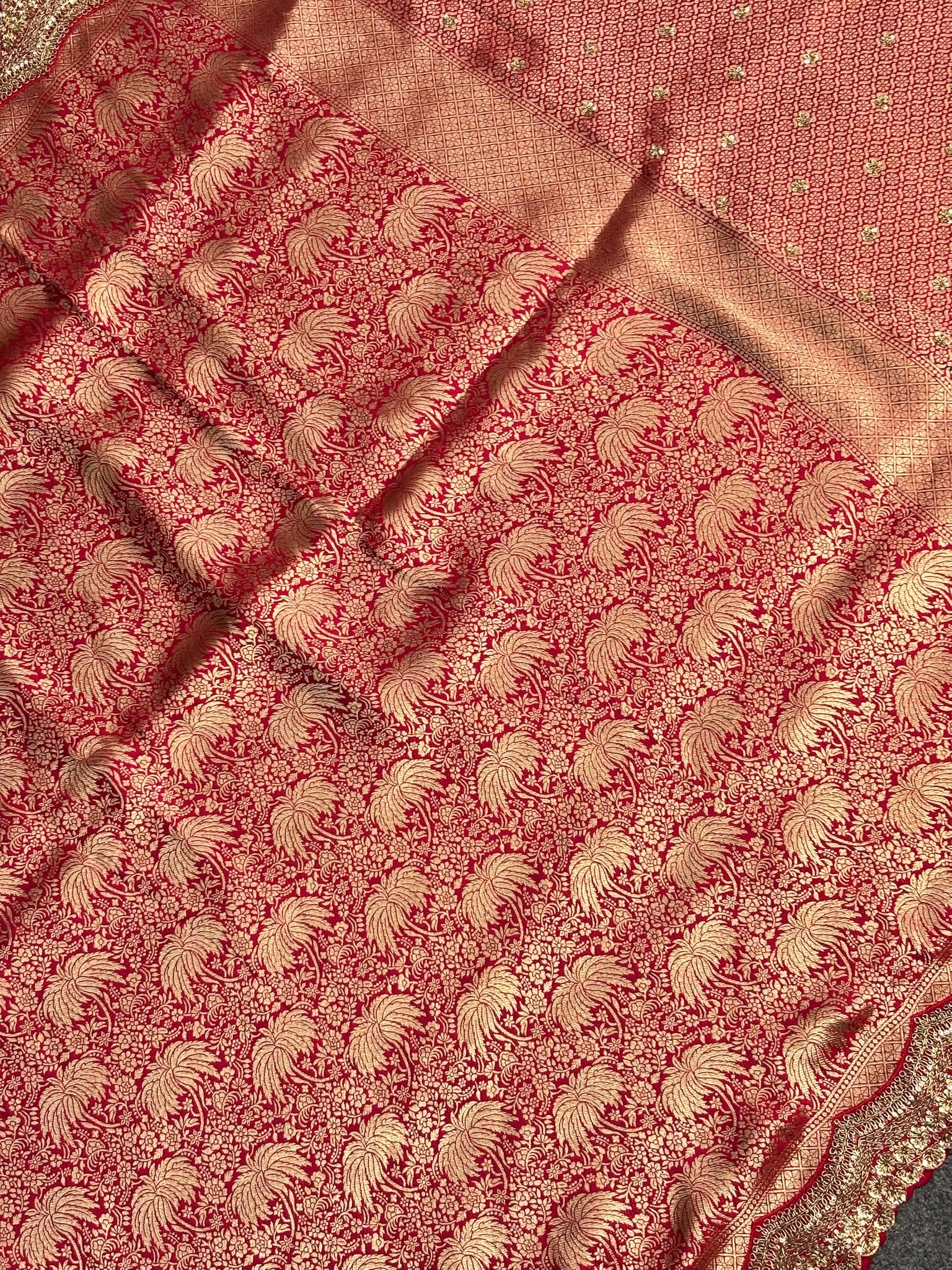 VIRASAT 385: Sunahara Laal Brocade Silk Saree with Gold Zari Jaal &amp; Hand Zardozi Scallop Work
