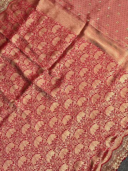 VIRASAT 385: Sunahara Laal Brocade Silk Saree with Gold Zari Jaal &amp; Hand Zardozi Scallop Work