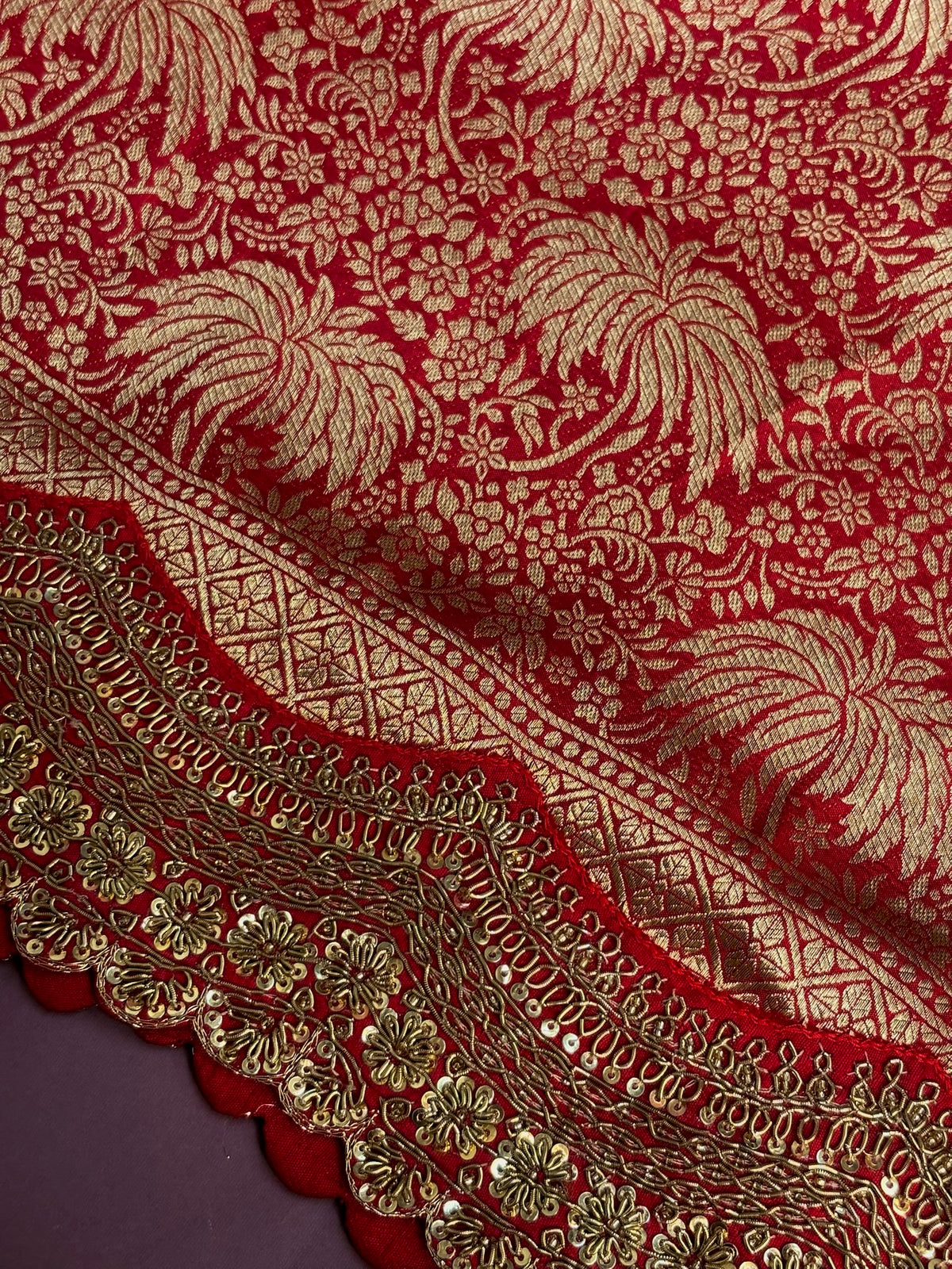 VIRASAT 385: Sunahara Laal Brocade Silk Saree with Gold Zari Jaal &amp; Hand Zardozi Scallop Work