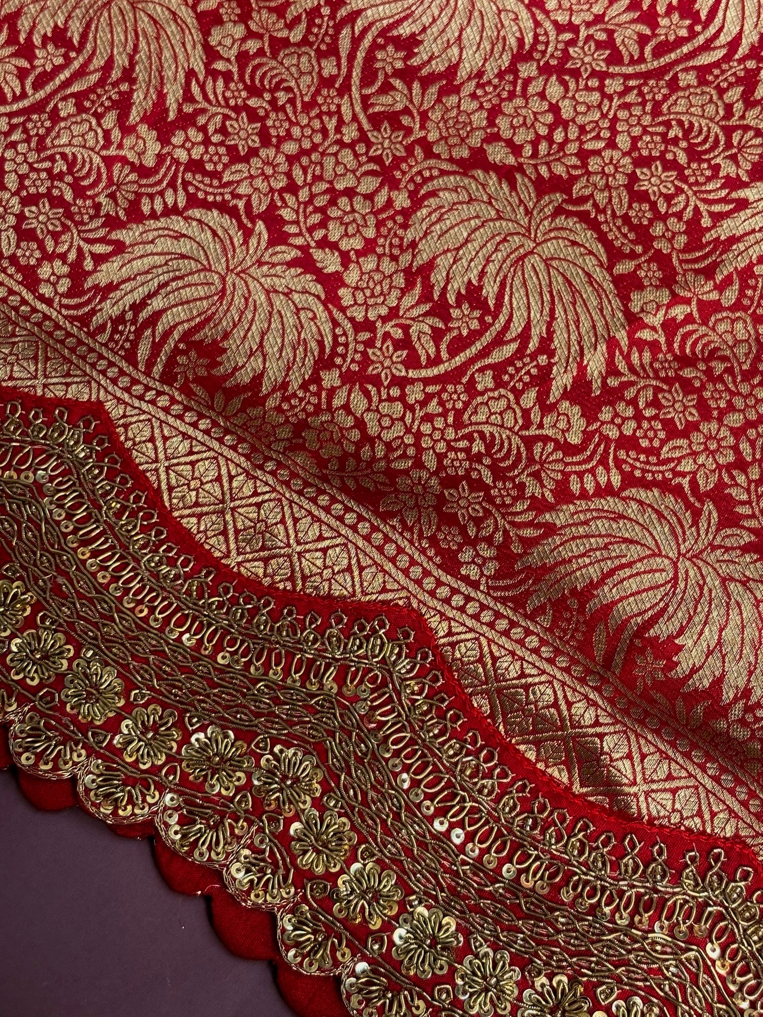 VIRASAT 385: Sunahara Laal Brocade Silk Saree with Gold Zari Jaal &amp; Hand Zardozi Scallop Work