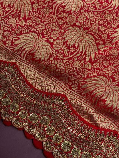 VIRASAT 385: Sunahara Laal Brocade Silk Saree with Gold Zari Jaal &amp; Hand Zardozi Scallop Work