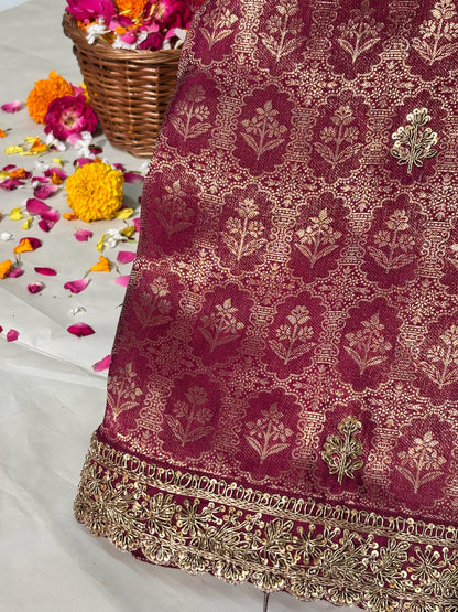VIRASAT 384: Deep Wine Brocade Tissue Silk Saree with Antique Zari Weaving &amp; Hand Zardozi Border