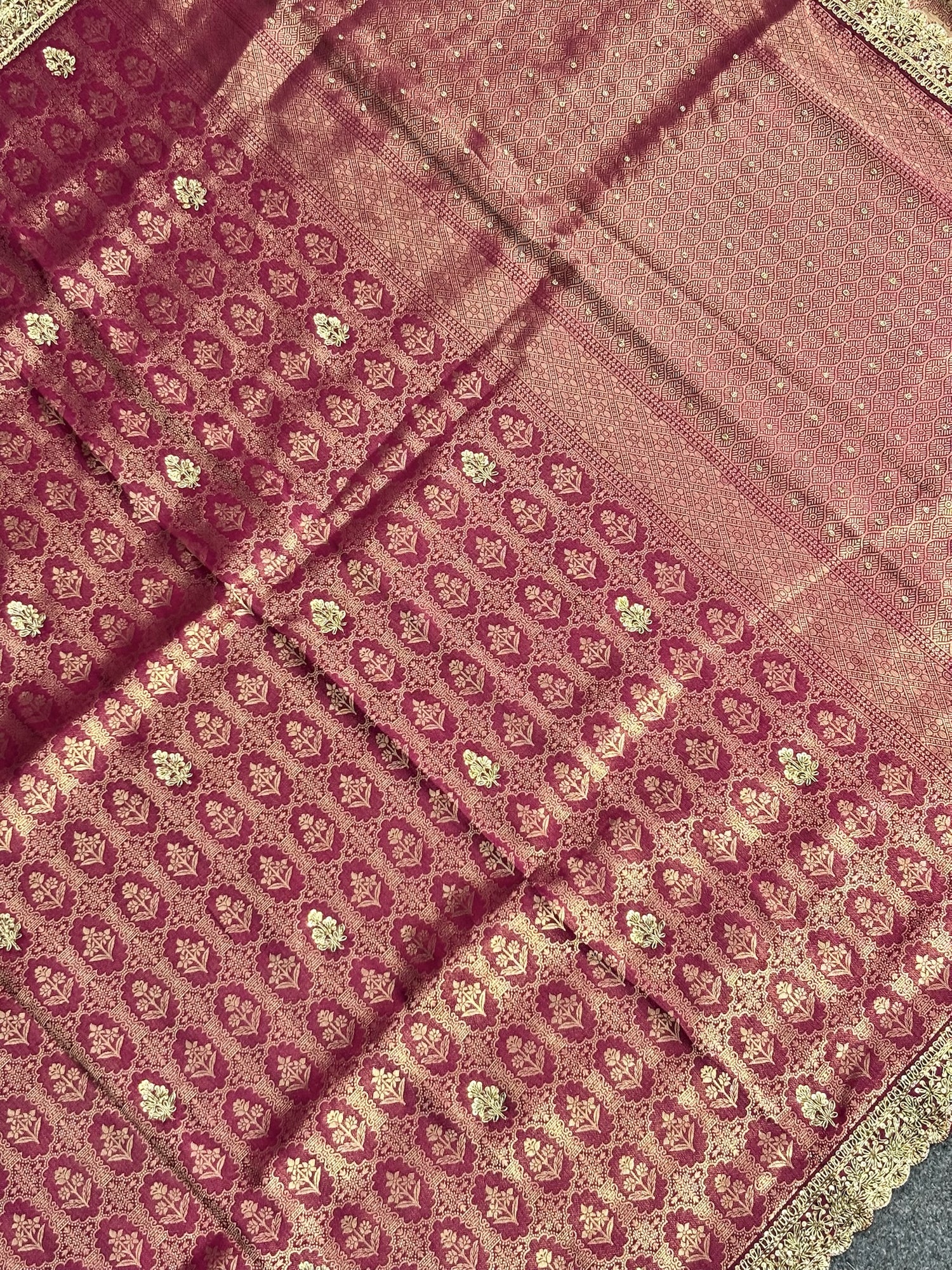 VIRASAT 384: Deep Wine Brocade Tissue Silk Saree with Antique Zari Weaving &amp; Hand Zardozi Border