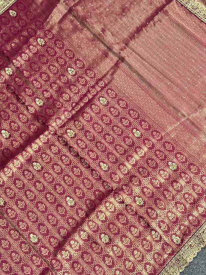 VIRASAT 384: Deep Wine Brocade Tissue Silk Saree with Antique Zari Weaving &amp; Hand Zardozi Border