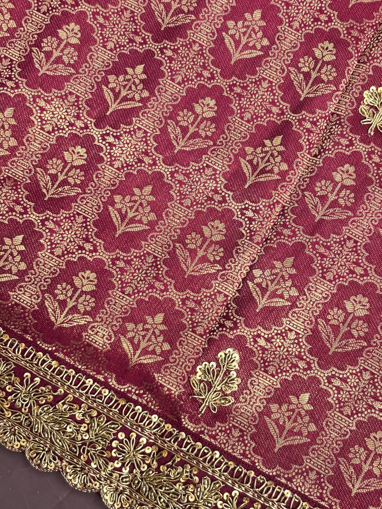 VIRASAT 384: Deep Wine Brocade Tissue Silk Saree with Antique Zari Weaving &amp; Hand Zardozi Border