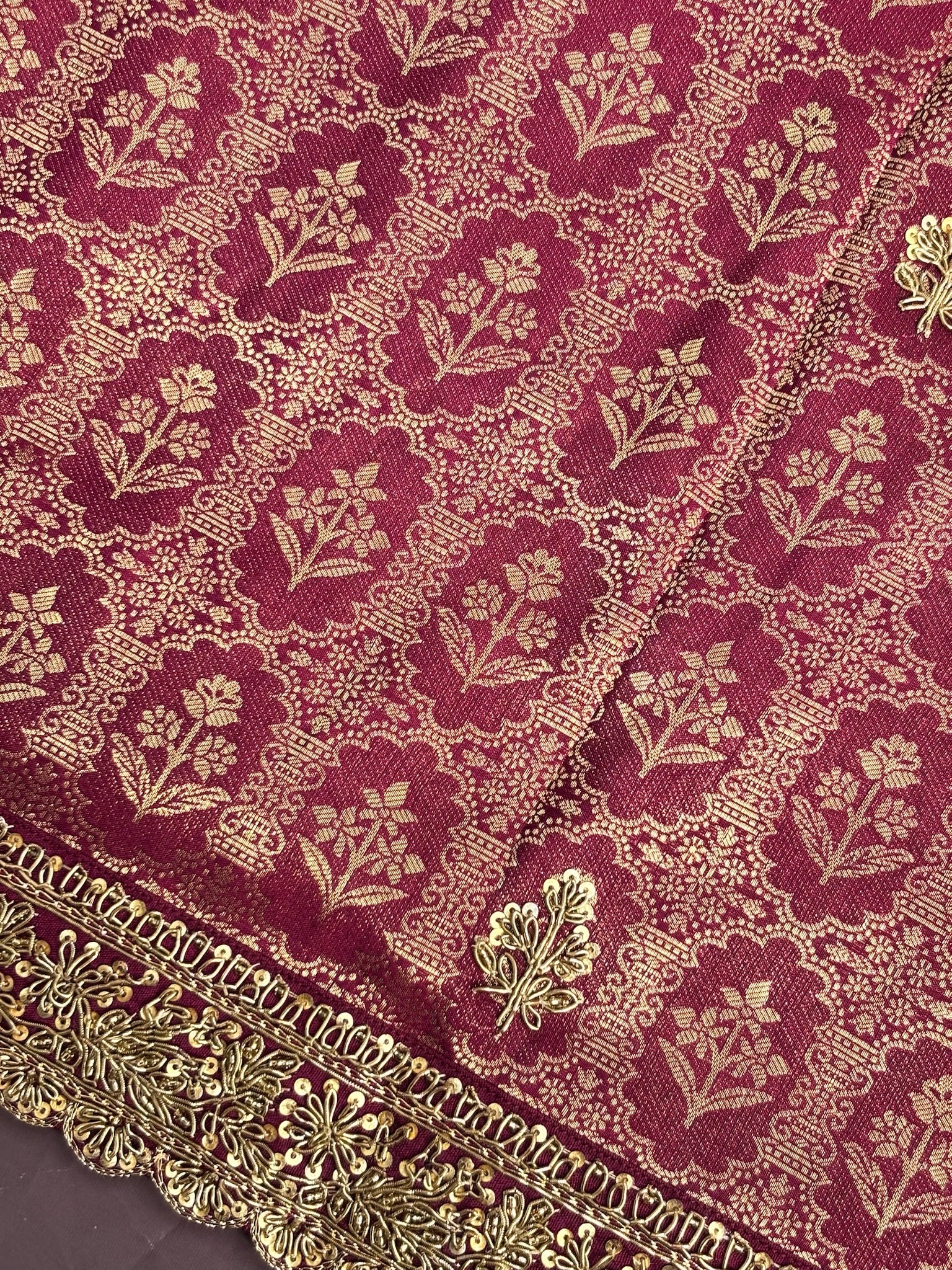 VIRASAT 384: Deep Wine Brocade Tissue Silk Saree with Antique Zari Weaving &amp; Hand Zardozi Border