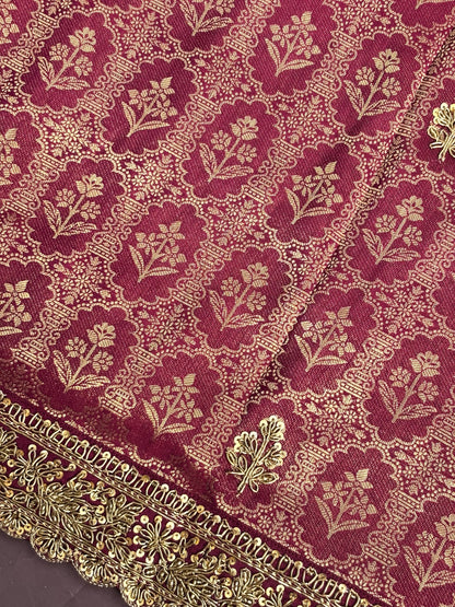 VIRASAT 384: Deep Wine Brocade Tissue Silk Saree with Antique Zari Weaving &amp; Hand Zardozi Border