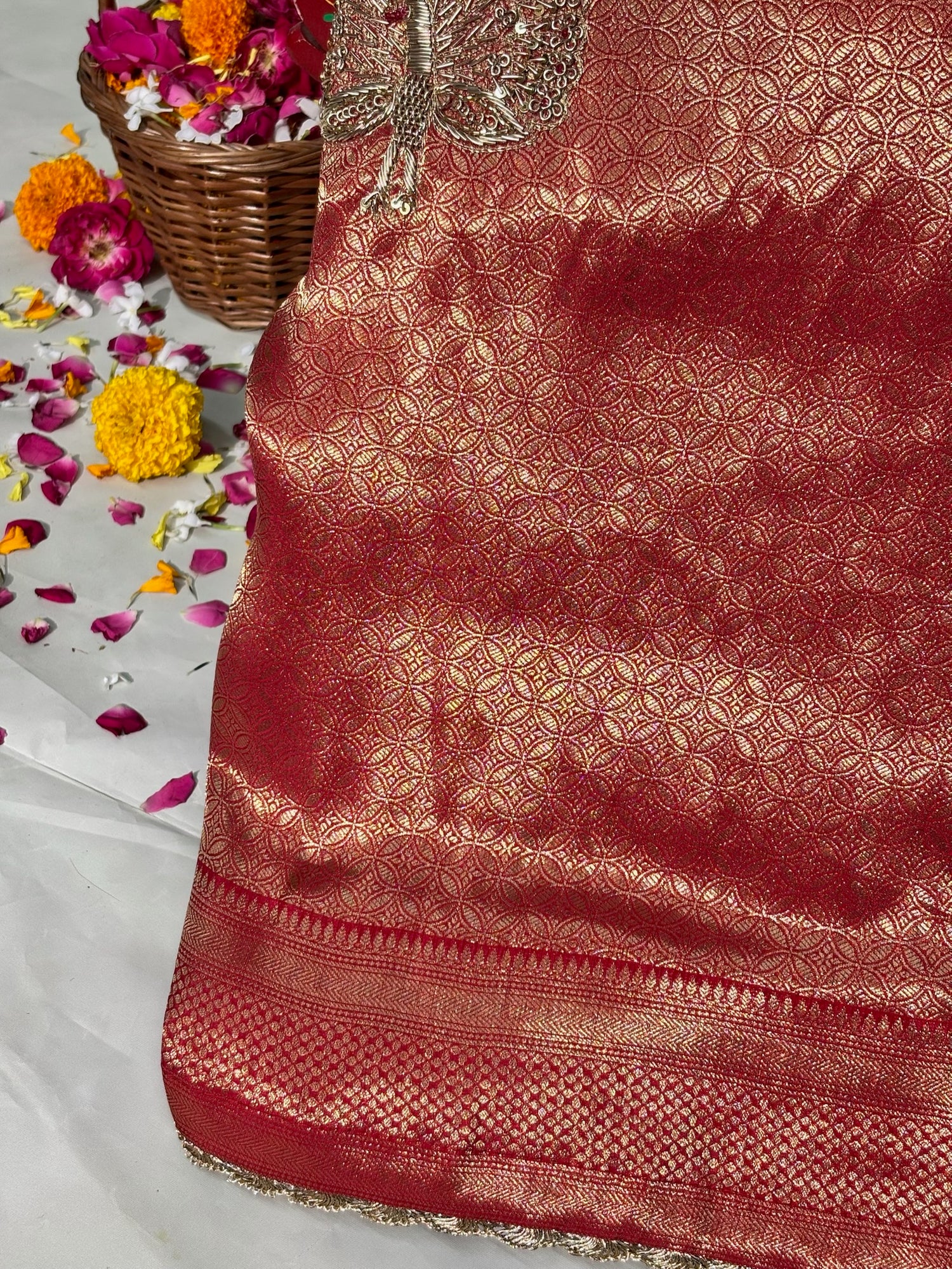 VIRASAT 383: Surkh Laal Brocade Silk Saree with Hand Zardozi Buta &amp; Subtle Gold Zari