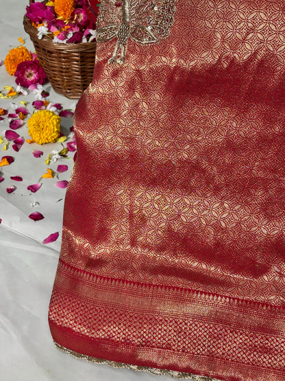 VIRASAT 383: Surkh Laal Brocade Silk Saree with Hand Zardozi Buta &amp; Subtle Gold Zari