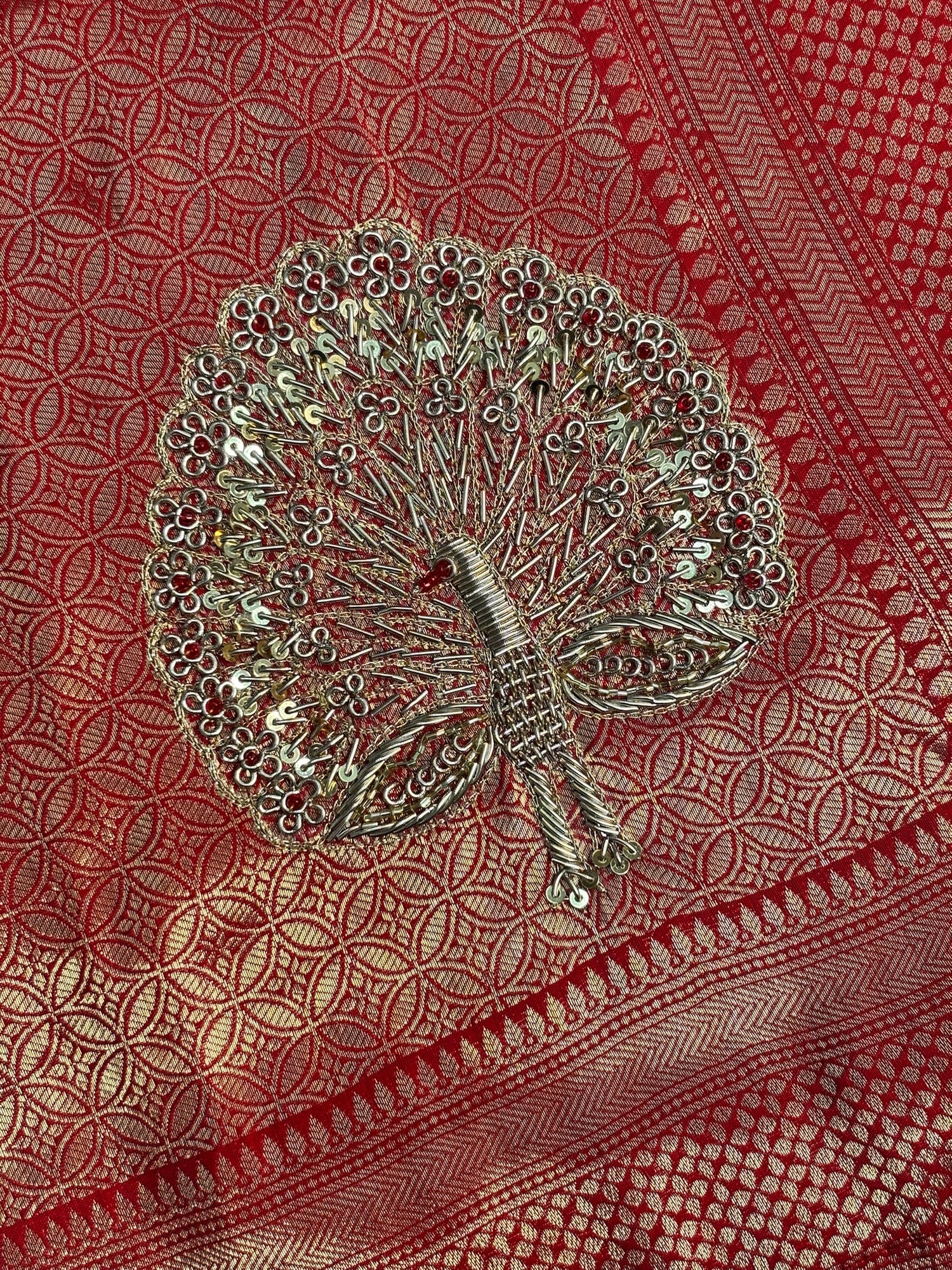 VIRASAT 383: Surkh Laal Brocade Silk Saree with Hand Zardozi Buta &amp; Subtle Gold Zari