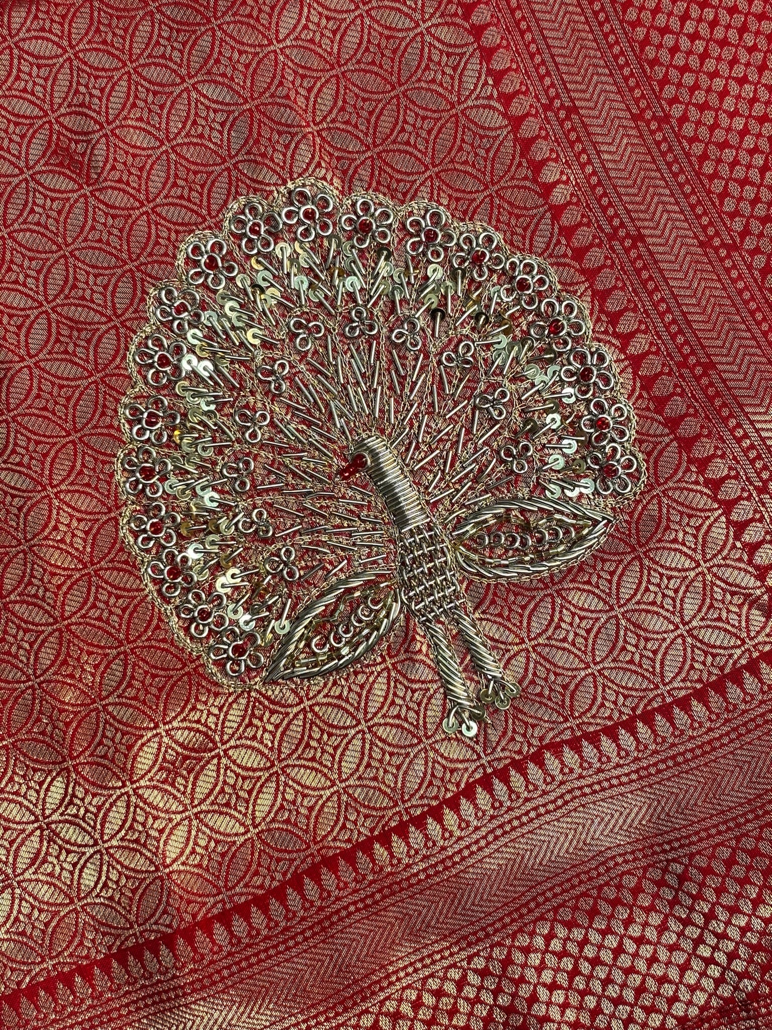 VIRASAT 383: Surkh Laal Brocade Silk Saree with Hand Zardozi Buta &amp; Subtle Gold Zari