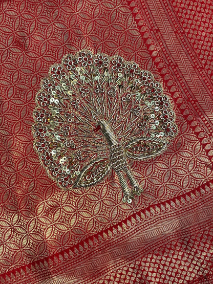 VIRASAT 383: Surkh Laal Brocade Silk Saree with Hand Zardozi Buta &amp; Subtle Gold Zari