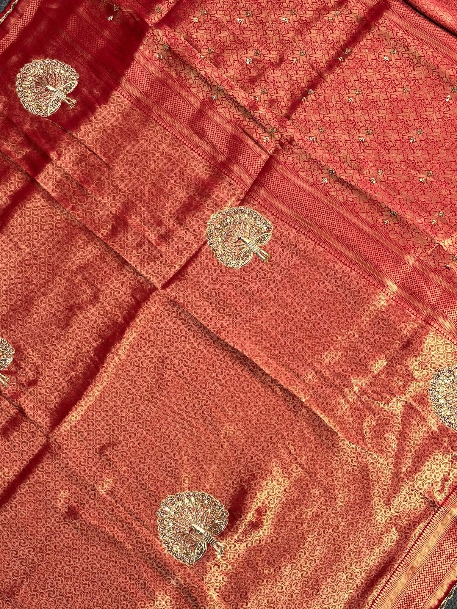 VIRASAT 383: Surkh Laal Brocade Silk Saree with Hand Zardozi Buta &amp; Subtle Gold Zari