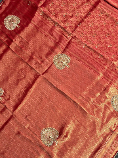 VIRASAT 383: Surkh Laal Brocade Silk Saree with Hand Zardozi Buta &amp; Subtle Gold Zari