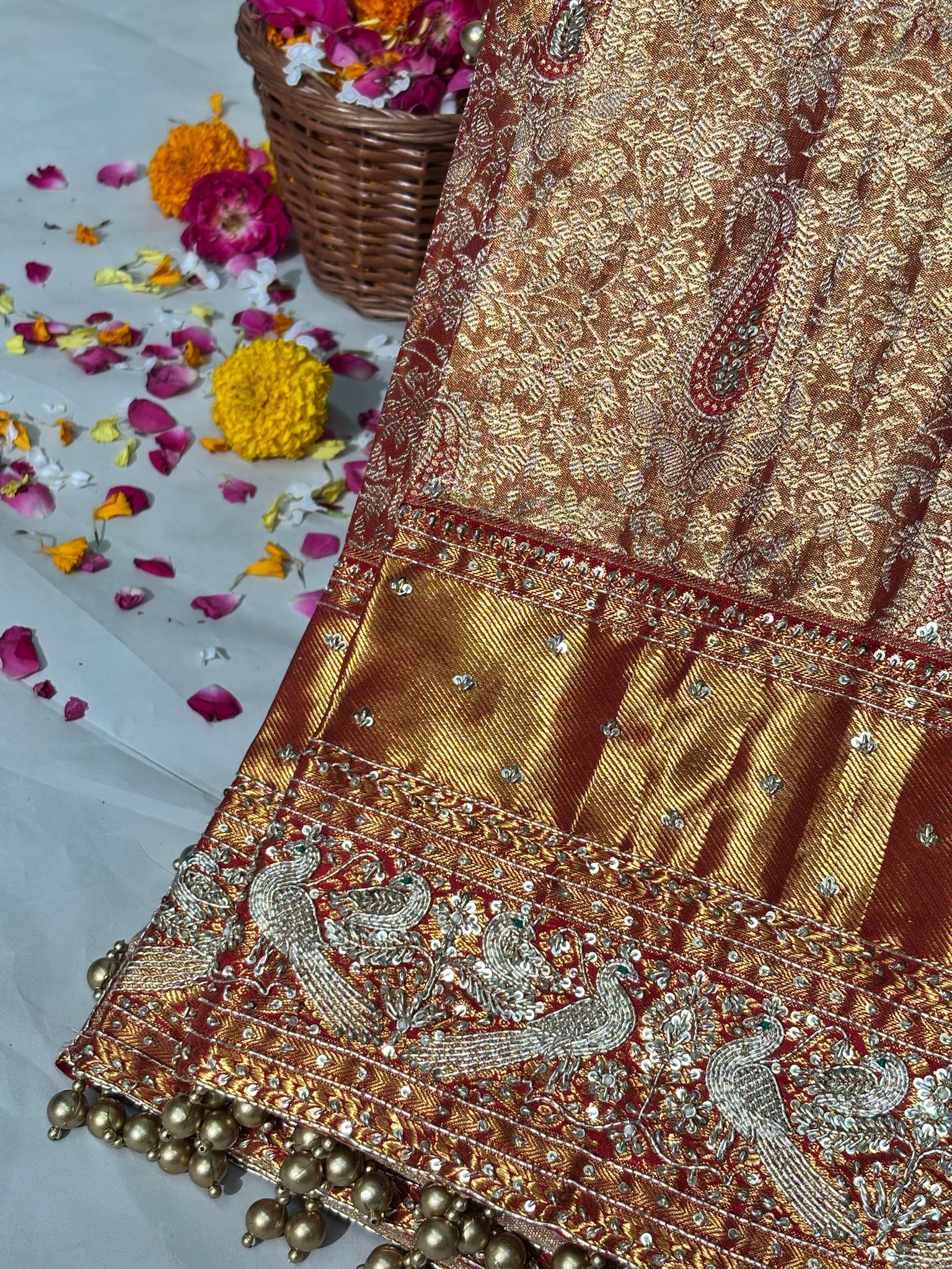 VIRASAT 381: Royal Gold Kanjivaram Silk Saree with Hand Mehreen Zardozi Work (Silk Mark Certified)