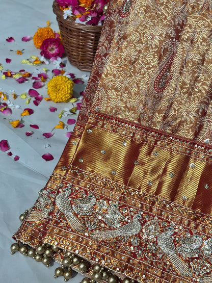 VIRASAT 381: Royal Gold Kanjivaram Silk Saree with Hand Mehreen Zardozi Work (Silk Mark Certified)