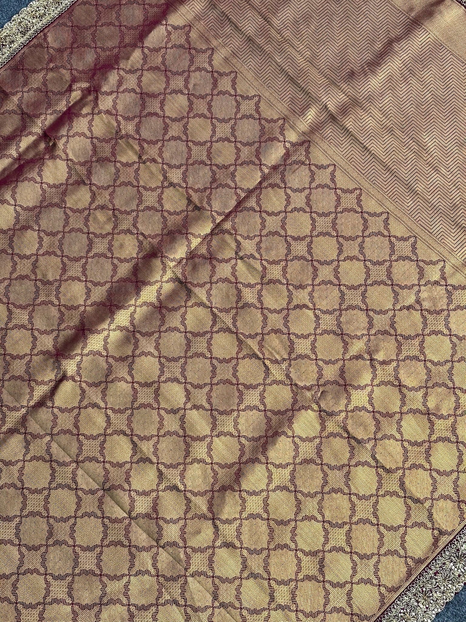 VIRASAT 386: Wine Brocade Tissue Silk Saree with Antique Zari Weaving &amp; Hand Zardozi Border