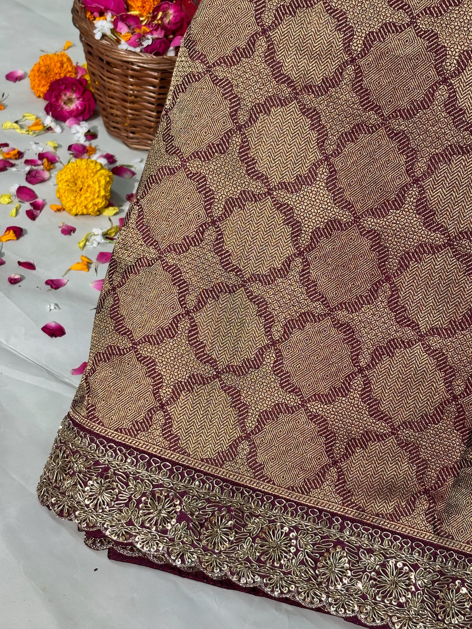 VIRASAT 386: Wine Brocade Tissue Silk Saree with Antique Zari Weaving &amp; Hand Zardozi Border