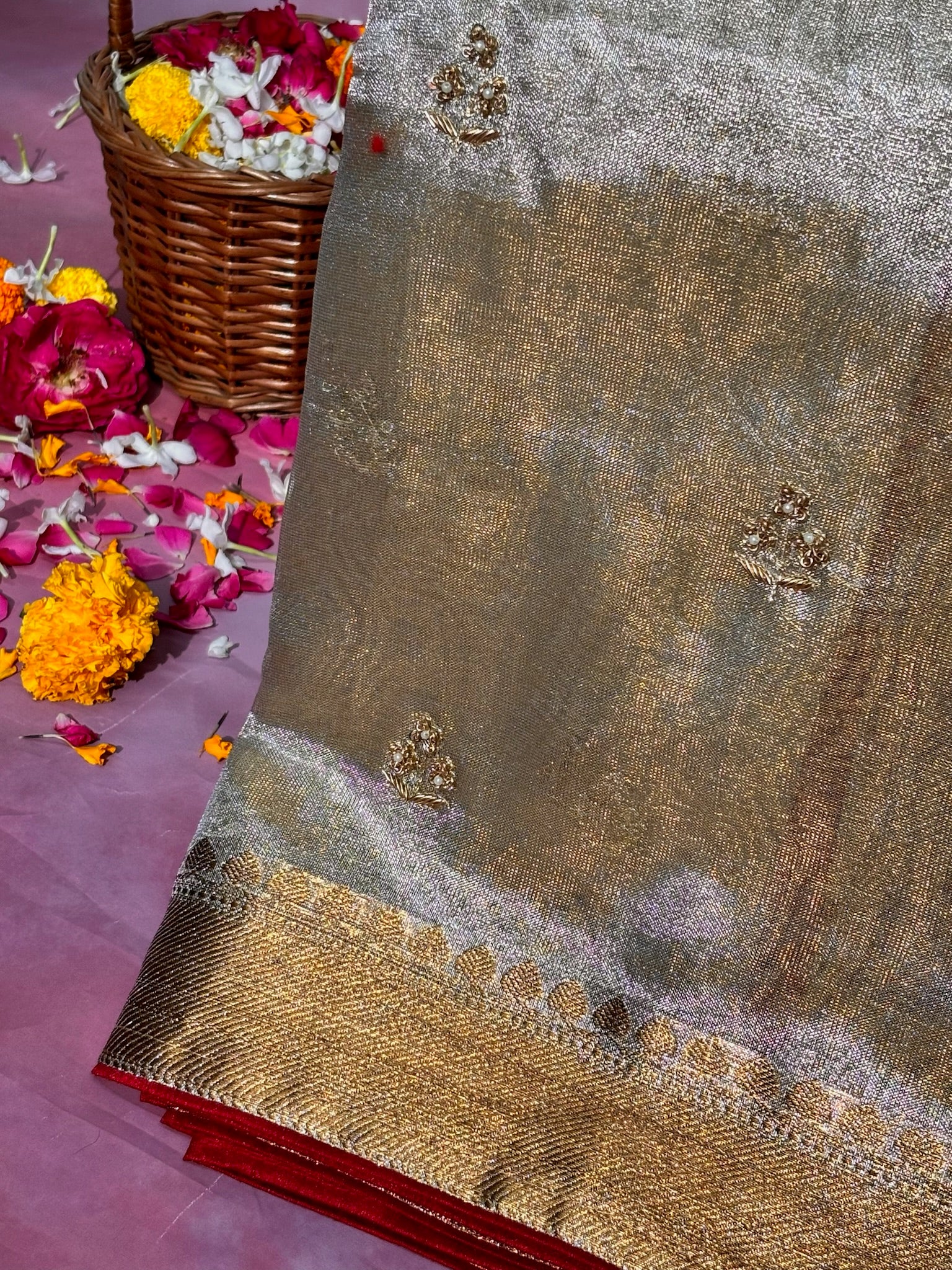 VIRASAT 377: Elegant Silver Tissue Silk Saree with Hand Zardozi Work &amp; Contrast Blouse