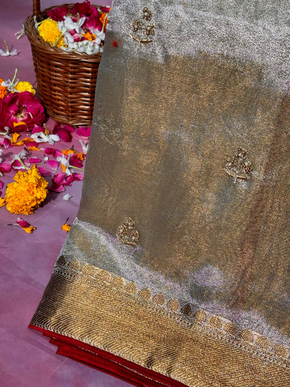 VIRASAT 377: Elegant Silver Tissue Silk Saree with Hand Zardozi Work &amp; Contrast Blouse