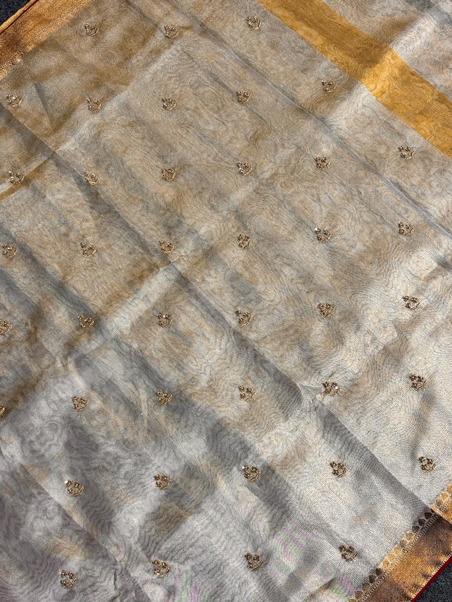 VIRASAT 377: Elegant Silver Tissue Silk Saree with Hand Zardozi Work &amp; Contrast Blouse