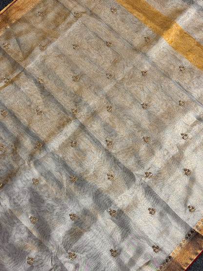 VIRASAT 377: Elegant Silver Tissue Silk Saree with Hand Zardozi Work &amp; Contrast Blouse