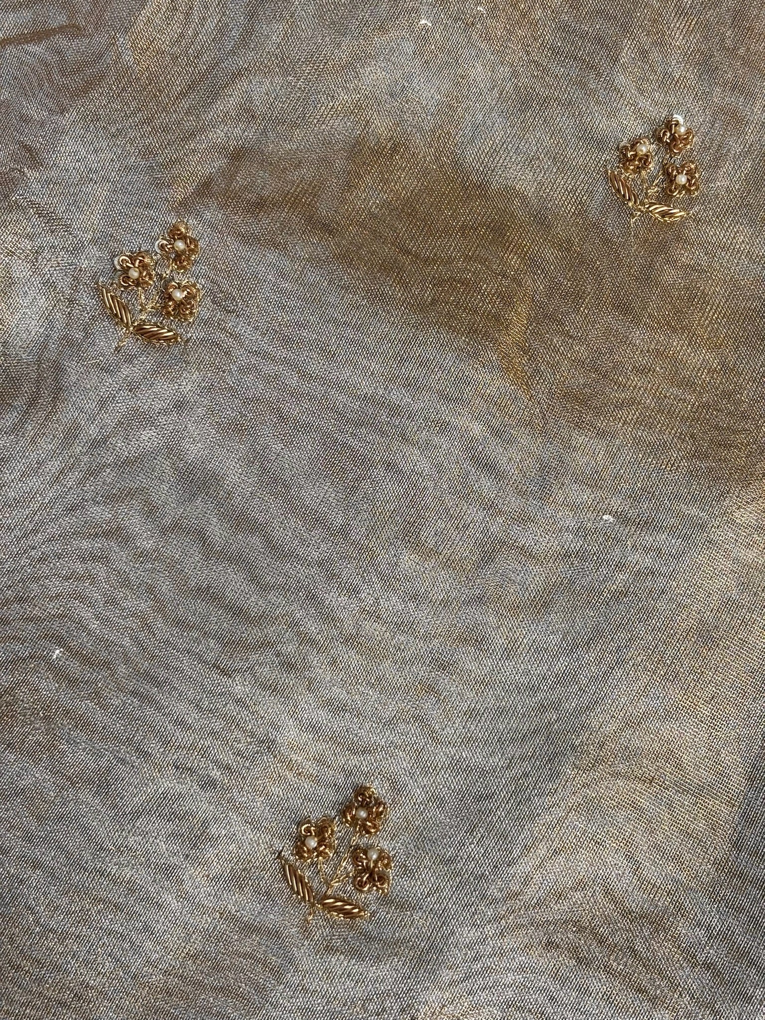 VIRASAT 377: Elegant Silver Tissue Silk Saree with Hand Zardozi Work &amp; Contrast Blouse