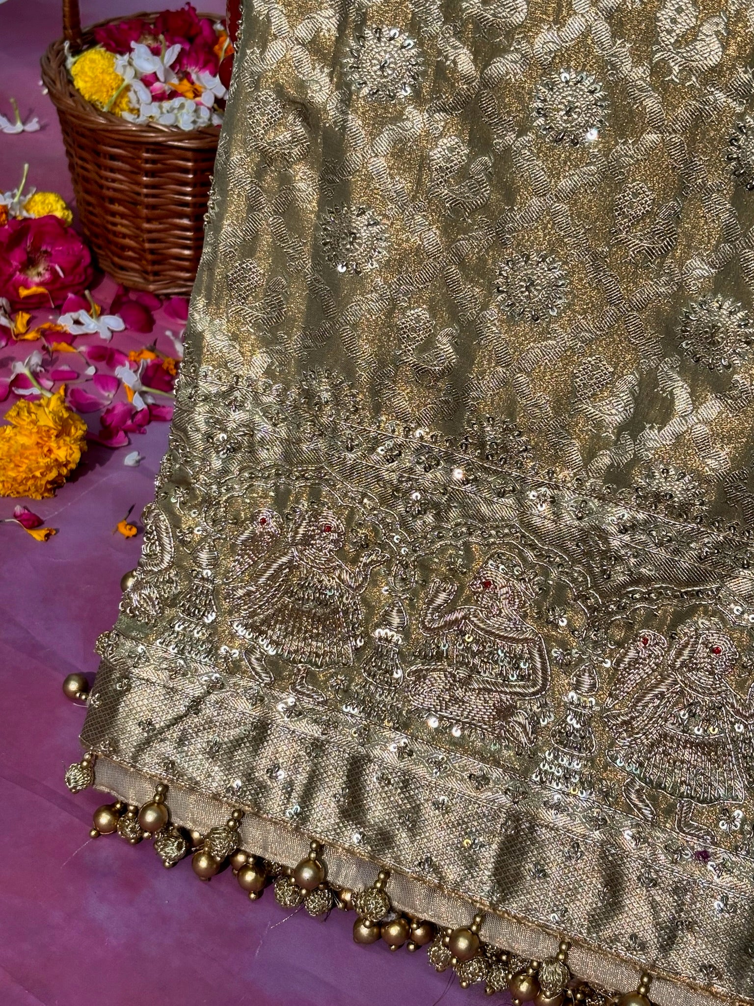 VIRASAT 380: Sand Gold Kanjivaram Silk Saree with Mehreen Zardozi Work &amp; Pearl Border (Silk Mark Certified)